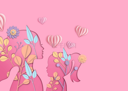 粉色亲子背景图片_粉色亲子母亲节花卉剪影背景