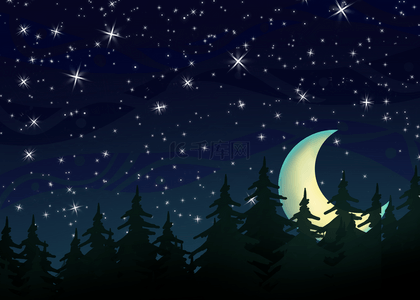 夜晚的弯月和森林背景
