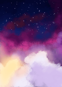 宇宙背景图片_水彩紫色系云层和星空背景
