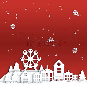 红色背景城市手绘背景图片_红色圣诞节背景城市剪纸画