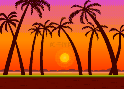 海边椰林沙滩日落像素背景