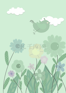 冷调背景图片_夏季冷调绿色主题花朵飞行小鸟背景