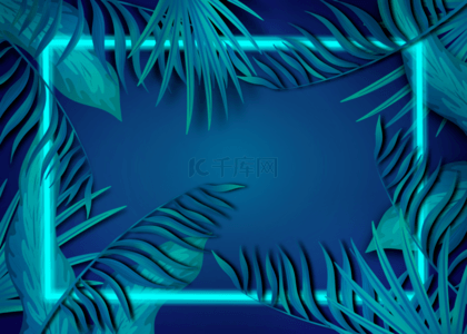 蓝色绿色热带植物边框发光背景