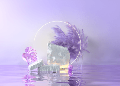 三紫色背景图片_叶子紫色背景鹅卵石紫色曲拱和反射在水中展示场景