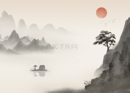 水墨画河流背景图片_黄昏水墨山水画背景