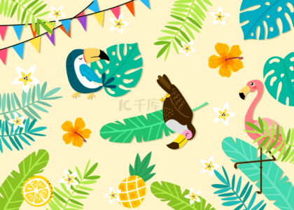 热带花卉背景图片_菠萝柠檬火烈鸟热带背景与动物