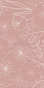 藕粉色莫兰迪植物线稿手机壁纸