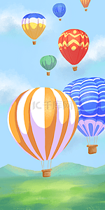 热气球天空背景图片_远山草地热气球梦幻手机壁纸