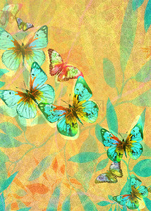 黄色油画背景背景图片_蓝色蝴蝶黄色树叶水彩背景肌理