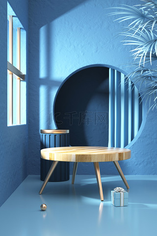 桌子背景图片_电商展示台窗户桌子蓝色简约c4d