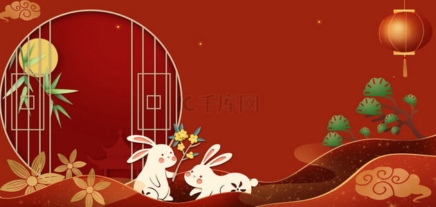 红色中秋月饼背景图片_剪纸风中秋玉兔月亮红色背景