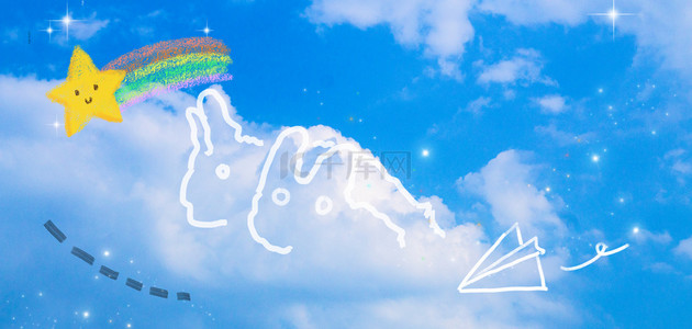 创意首图背景图片_天空涂鸦兔子蓝色可爱创意