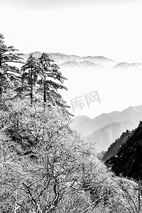 水墨风格摄影照片_黑白风格清晨山峰山区流动摄影图配图