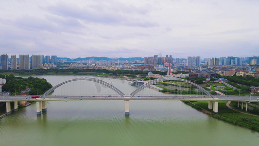 航拍广西南宁邕江地标建筑凌铁大桥