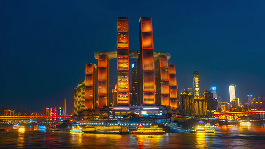 重庆城市宣传摄影照片_震撼重庆地标朝天门江面灯光秀