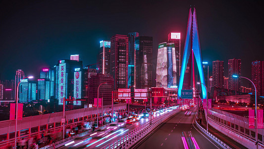 重庆交通摄影照片_赛博朋克重庆地标千厮门大桥车流夜景