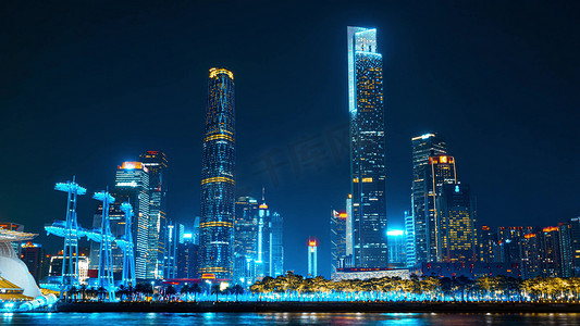 震撼广州珠江新城CBD商务大楼灯光秀城市夜景摄影图