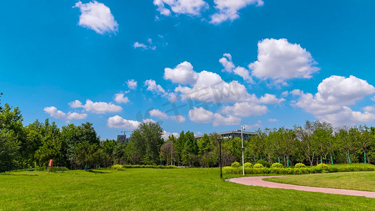 绿地白云摄影照片_摄影蓝天白云下公园绿草地小路