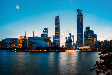 广州海心沙亚运公园双子塔夜景摄影图配图