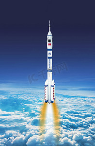 虎啸神州摄影照片_航空火箭发射升空穿越云层白天火箭宇宙发射摄影图配图