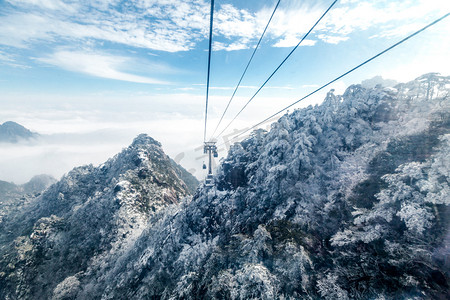 黄山索道冬天雪景图片上午无人户外高视角摄影图配图