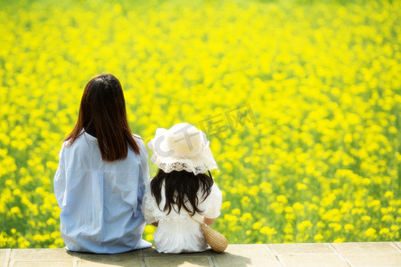 手绘学霸女孩摄影照片_母女坐在油菜花田旁边看远处摄影图配图