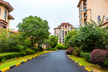 树木道路摄影照片_别墅小区效果图室外摄影图配图