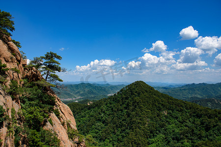山峰夏季松树蓝天白云阳光摄影图配图