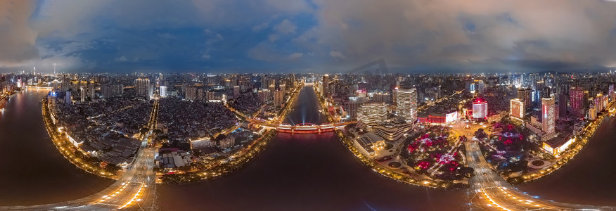 海珠桥夜景摄影照片_全景晚上海珠广场航拍夜景摄影图配图