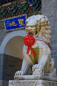 石狮子摄影照片_寺庙夏季石狮大佛寺系红花摄影图配图