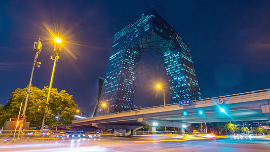 震撼摄影照片_移动震撼北京央视大楼车流夜景