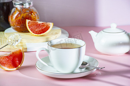 饮品水果茶摄影照片_热饮蜂蜜柚子茶室内静物摄影图配图