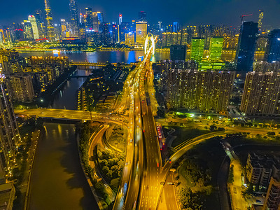 海珠桥夜景摄影照片_航拍晚上猎德大桥街道高架桥摄影图配图