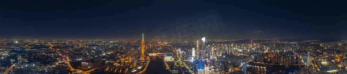 广州夜景摄影照片_全景晚上广州航拍天际线摄影图配图