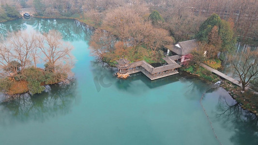 唯美航拍杭州西湖浴鹄湾江南庭阁风景