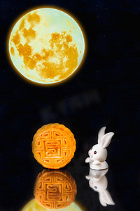 中秋节晚上小白兔明月户外月饼摄影图配图