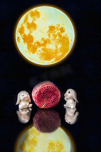 中秋节夜晚小白兔月饼户外月亮摄影图配图