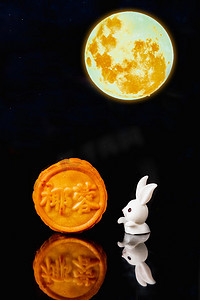 中秋圆月摄影照片_中秋节晚上小白兔月饼户外明月月亮摄影图配图