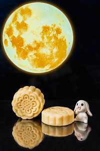 兔子月饼摄影照片_中秋节夜晚月饼小白兔户外明月月亮摄影图配图