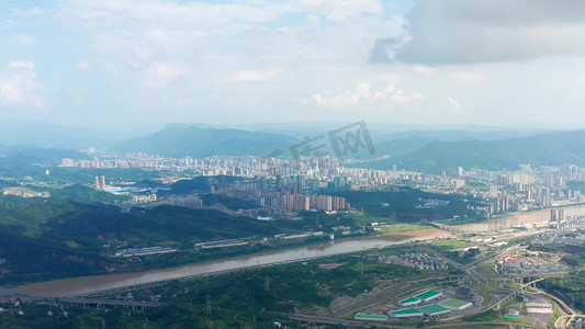俯瞰山川摄影照片_实拍俯瞰城市建筑河流山川