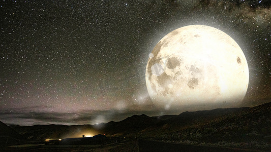 中秋高原戈壁星空满月夜晚月亮海边山川中秋节赏月摄影图配图