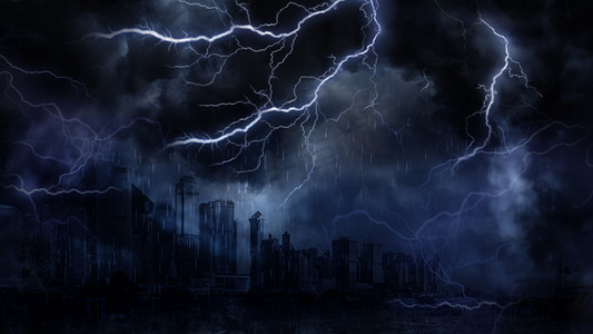 极端城市雷雨闪电天气白天雷阵雨城市城市暴雨摄影图配图