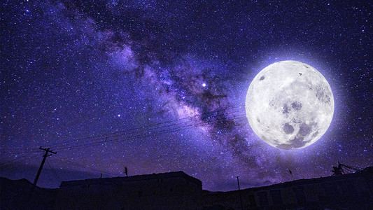 夜晚星空摄影照片_中秋城市夜晚星空圆月夜晚月亮银河中秋节赏月摄影图配图