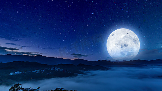中秋凌晨圆月云海夜晚海上明月海上赏月摄影图配图
