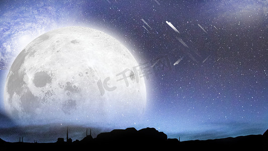 中秋满月风光夜晚月亮山川月亮赏月摄影图配图
