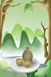重阳节清新背景图片_重阳节茶壶绿色清新树