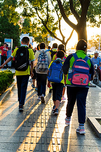 学生教师背影摄影照片_学生放学夕阳学生放学放学摄影图配图