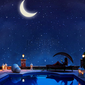 卡通手绘童趣美术背景图片_蓝色手绘仲夏之夜游泳池梦幻夜色背景