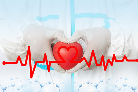 爱心背景摄影照片_医疗科技比着爱心的医生心跳曲线摄影图配图