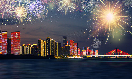 烟花摄影照片_城市烟花合成夜晚烟花城市无摄影图配图